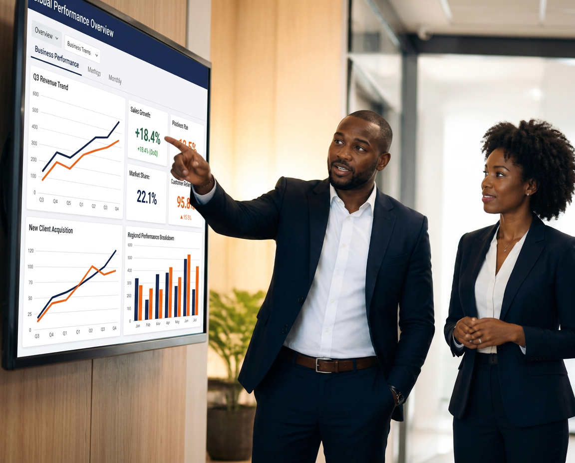 Une équipe analyse un tableau de bord de performance affiché sur grand écran